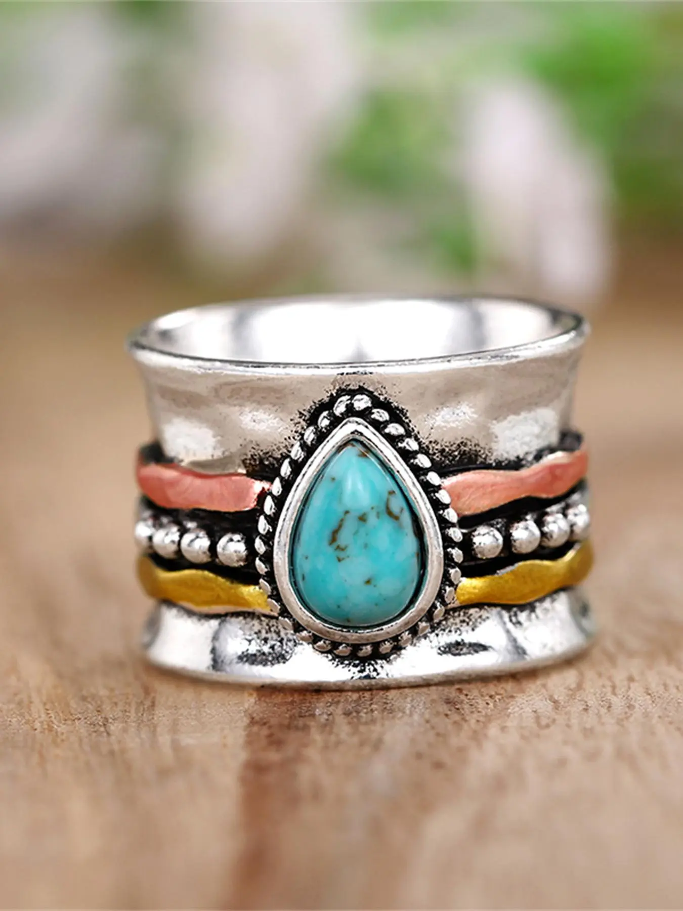 Vintage Turquoise Texture Decorated Ring, Statement Ring, Unique Rings, Beautiful Rings, Fashion Accessories for Women & Girls, Trendy All-match & Exquisite Jewelry for Birthday Gift