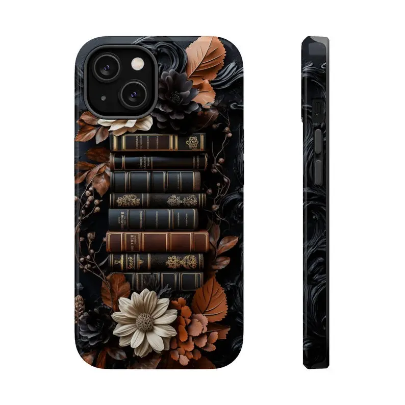 Dark Romance Bookcase Phone Case, Vintage Books with Floral Design, Gothic Dark Academia Phone Cover. Case for IP 11 12 13 14 15 16 Pro, Plus, Promax, S21,22,23,24,25 Ultra, Tough Case, Magsafe Case