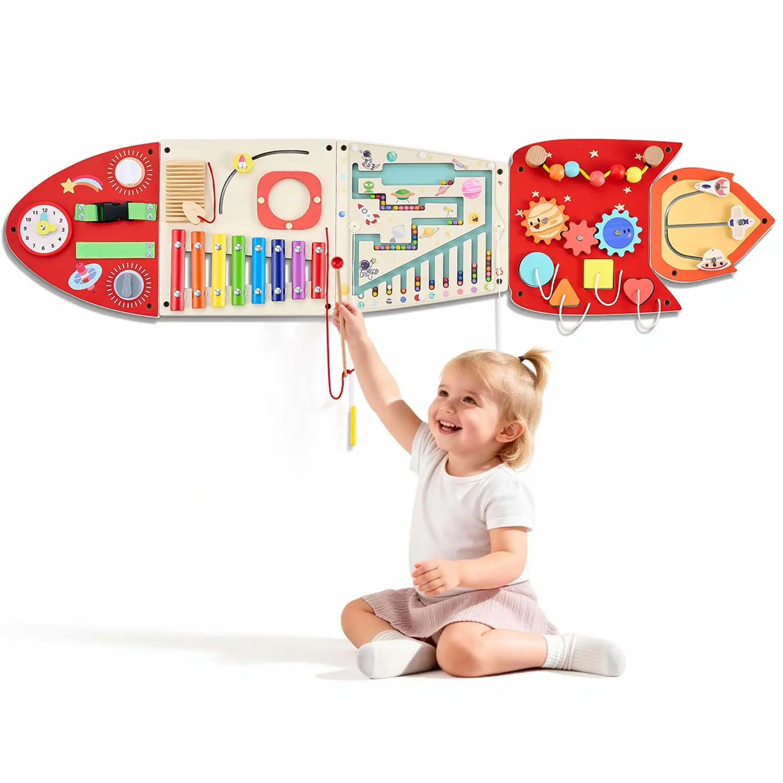 VEVOR Wall Busy Board, 13-in-1 Rocket Montessori Sensory Activity Panels, Learning Activity Center for Daycare, Classroom, Playroom, and Home, Sturdy Wooden Educational Toys, with Mounting Hardware