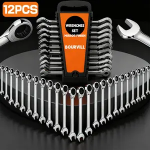 12PCS 72 Teeth Ratcheting Wrench Set Double Box End Flex Head with Gray Nickel Coated Ratchet Wrench Set with Organizer, 12 Point 4° Swing Arc, CR-V Steel, for Home Daily Use, Gift for Man
