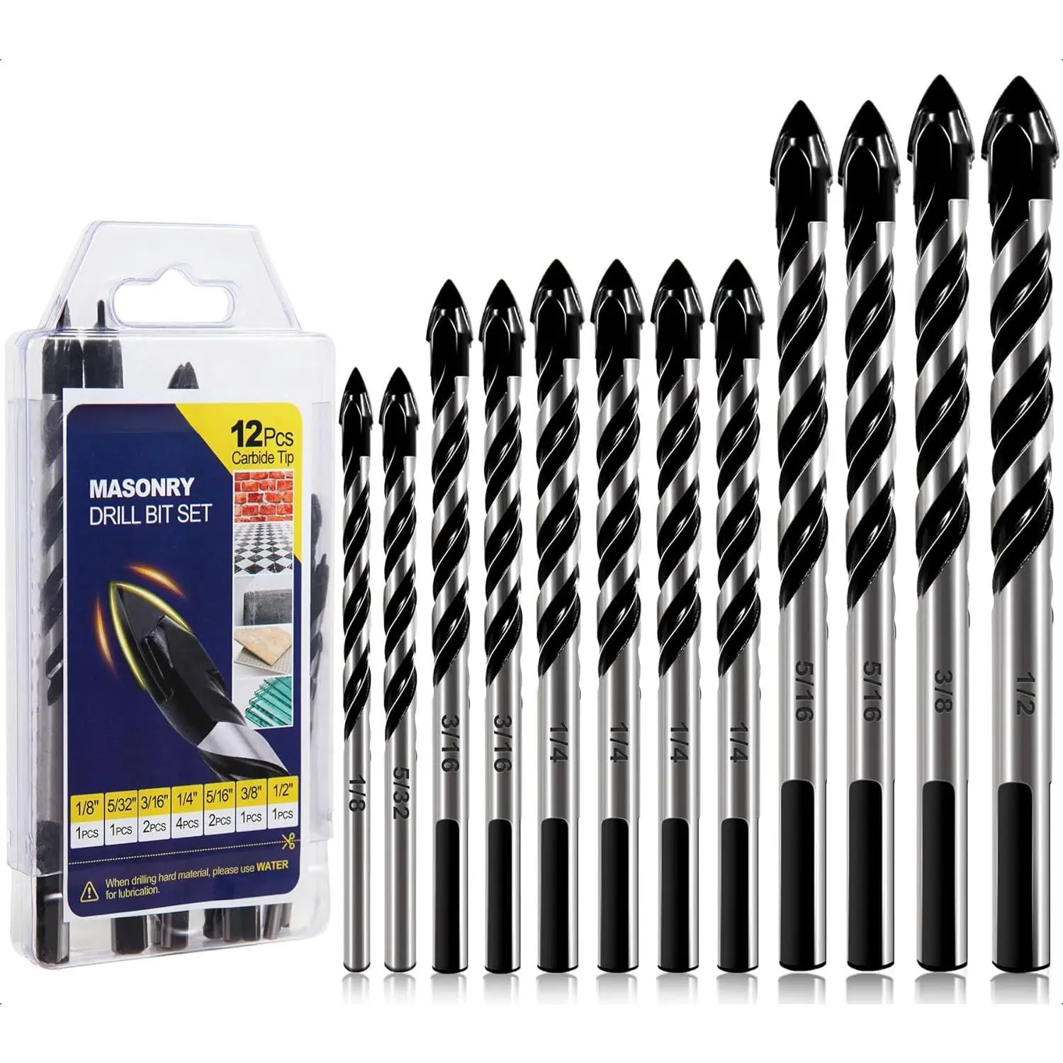 Masonry Drill Bit Set & Concrete Drill Bit Set, 1/8 to 1/2 inch Professional Carbide Drill Bits Tip for Glass, Tile, Brick, Cement Concrete Plastic Wood etc.Masonry Drill Bits Set by DYRECELVE