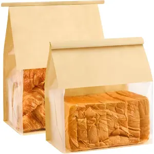 50 Pack Bread Bags for Homemade Breads, 8.7x4.3x11 Inches Resealable Tin Tie Tab Lock Large Bakery Packaging Bags with Window for Sourdough Bread, Bagels, Pastry
