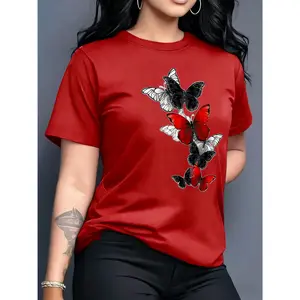 100% pure cotton, available in multiple colors, gift, holiday gift, butterfly pattern printed T-shirt, short sleeve round neck casual top for summer and spring, women's clothing