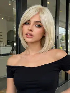 Bob Style Wig, 12 Inch Full Bangs Short Straight Hair, Women's Heat Resistant Natural Look,  for All Seasons, Synthetic Fiber Wigs, Synthetic Material Wigs
