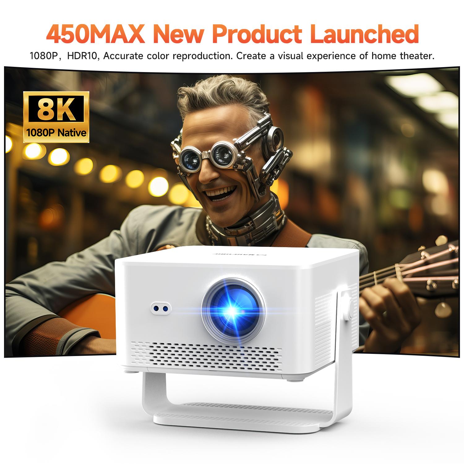 Magcubic HY450MAX 1100ANSI Projector 8K Decode Auto Focus 12W Speaker HDR10+ Android 14.0 Dual WiFi6 BT5.4 Fully Automatic Keystone 1.0:1 Throw Ratio Screen Recognize & Automatic Obstacle Avoidance Home Cinema, Movienight