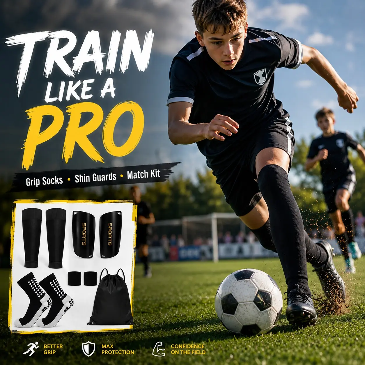 Youth Soccer Shin Guard Set with Grip Socks, 7PCS Football Training Gear Kit with Sleeves & Drawstring Bag, Soccer Equipment