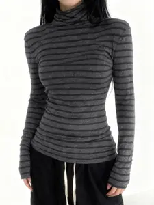 Women's Striped High Neck Long Sleeve Fall Winter Basic Tee, Casual Fit Longline Vintage Korean Style Versatile Casual Bottom Layer Top, Casual Stylish Clothing