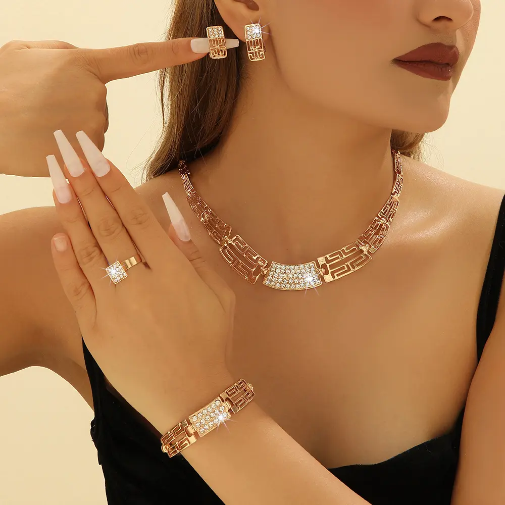 Hot-selling fashionable luxury jewelry, alloy jewelry set, full-diamond , earrings, ring, bracelet four-piece set style  exquisite hip faith gold high quality icy Collarbone link holder charm cross choker  chunky tarnish proof Versatile Pendant Necklace