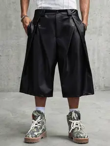 Men shorts - Men Wide Leg PU Leather Shorts Pleated Loose Fit Street Casual Summer Outfit vacation clothes summer men clothes summer outfits men's clothing male clothing men's shorts for summer clothes for men summer mens clothing shorts for summer Plain