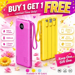 【BOGO】VRURC 10000mAh Portable Power Bank with 4 Built-in Cables, Battery Pack with LED Display, USB-C & Micro USB Rechargeable, Travel Charger for iPhone, Android, iPad, Tablet, Earbuds  #Summervibes