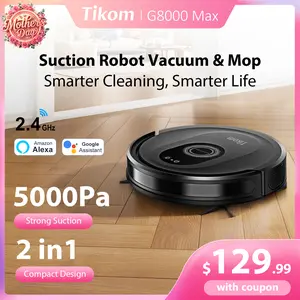 【Stock Up&Mother's Day】Tikom Robot Vacuum and Mop Combo, 5000Pa Powerful Suction, 150 min, Ultra-Slim, Self-Charging Robot Vacuum Cleaner for Carpet, Pet Hair, Hard Floors, Home Cleaning, APP & Remote Control, G8000 Max