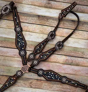 Back in Black Tack Set - Luxurious Chocolate Leather with Black Gator Print & Copper Studs - Equestrian Set with Black & Clear Rhinestones