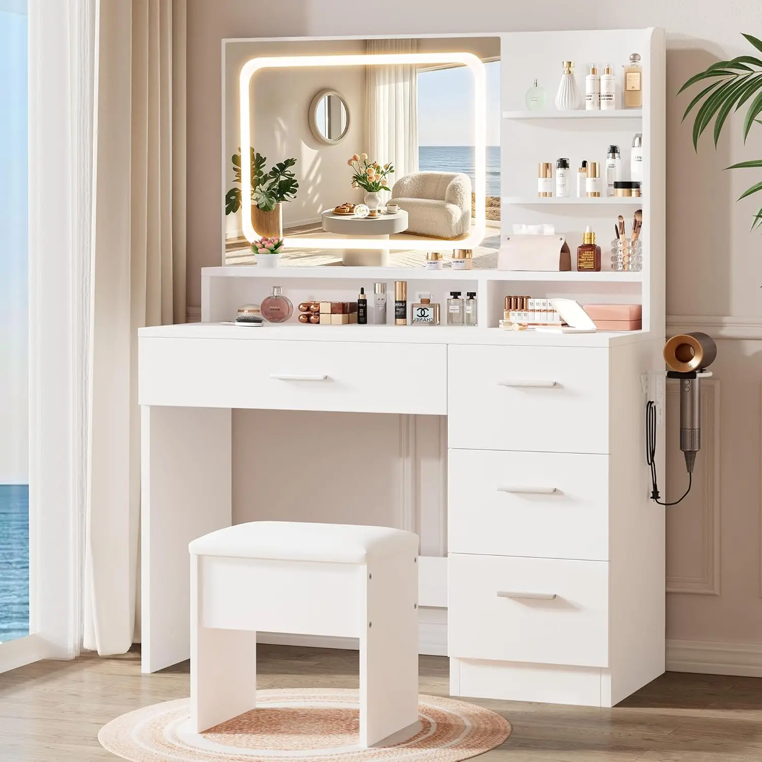 Elegant vanity set includes lighted mirror; white makeup table with cushioned stool and storage design; popular choice for girls; suitable for bedrooms, living rooms, and dorms.