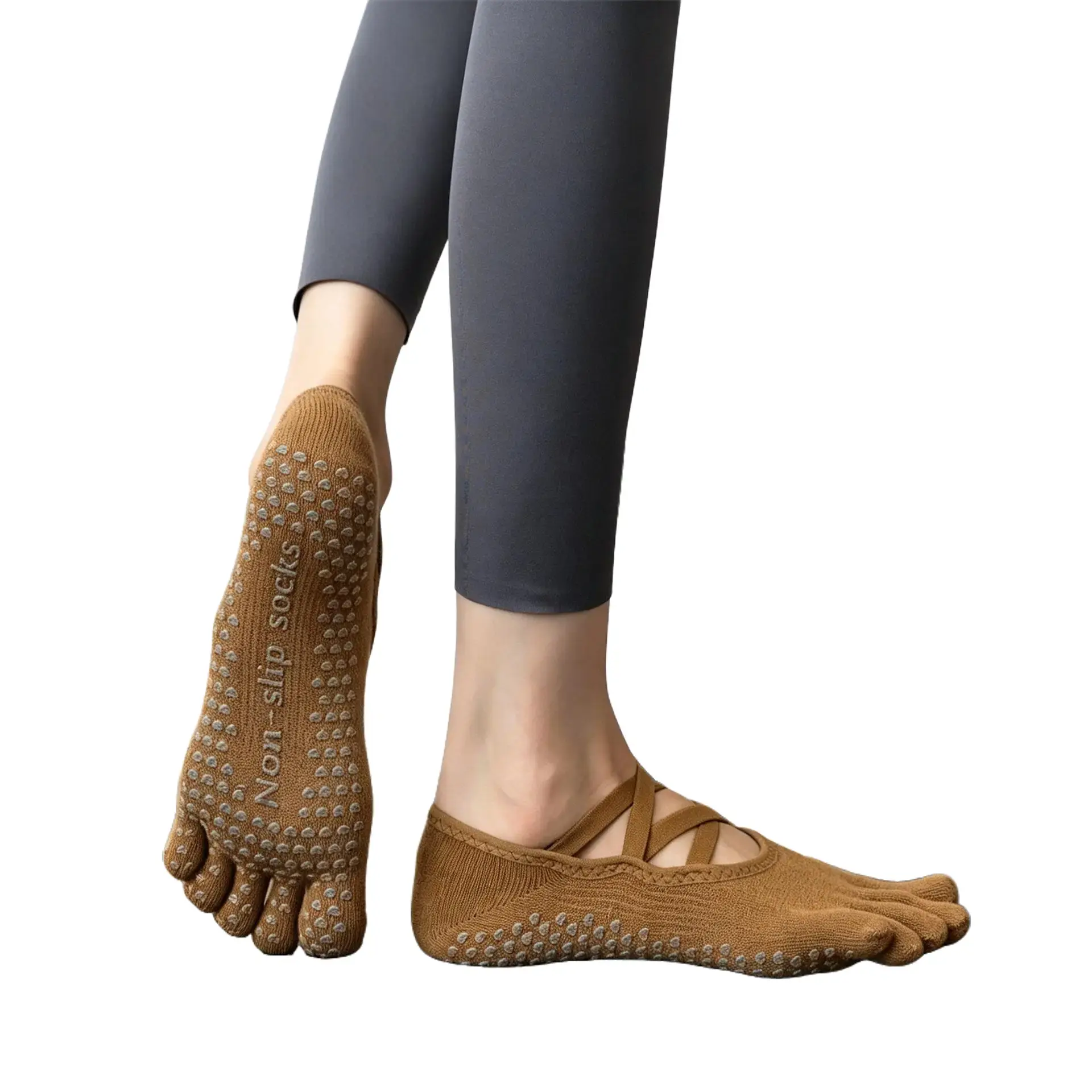 Women's Non-slip 5-Finger Yoga Socks Double Cross Strap Design, Summer Indoor Floor Sports Socks