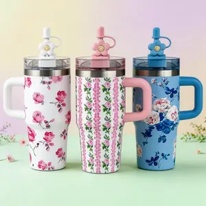 [New pattern] Stainless Steel 14oz Leakproof Tumbler with Handle & Straw , Reusable Large Capacity Thermos Cup, Hot Cold Insulation, Office Home Spring Mother's Day Gift, Large Capacity Thermal Mug, Flasks For Iced Coffee, Water
