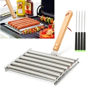 Hot  Roller for Grill Stainless Steel BBQ Hot  Grill Roller with Wooden Handle, Sausage Roller Rack for Evenly Cooked Hot Dogs, 4 BBQ Skewers Included, 5 Hot  Capacity, Large