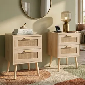 Set of 2 Rattan Nightstand, Natural Oak Wood Bedside Table with 2 Handcrafted Rattan Drawers, Multifunctional Accent Side End Table with Storage for Bedroom Office Farmhouse Decor