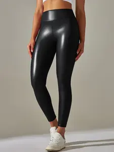 Women's Solid High Waist Thermal Lined Sports Leggings, Casual Comfy PU Leather Skinny Pants for Yoga Gym, Women Sport & Outdoor Clothing Valentine's Day, Machine Washable Leggings, Knitted Leggings