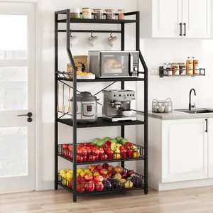 5-Tier Kitchen Bakers Rack, Microwave Stand with 2 Wire Baskets & 8 Hooks, Industrial Coffee Bar Station & Kitchen Storage Unit, Freestanding Organiser for Air Fryer, Pots & Spices, Black/Grey