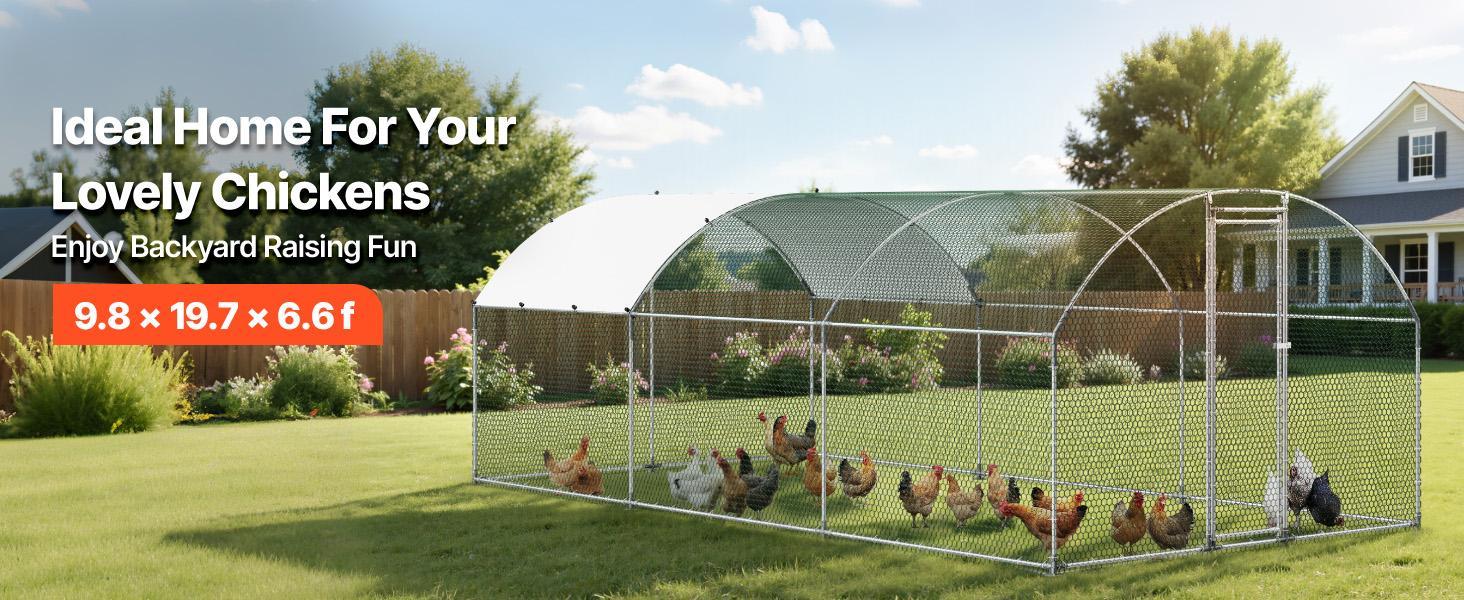 VEVOR Large Metal Chicken Coop, 9.8 x 19.7 x 6.6 ft, Walk-in Chicken Runs with Waterproof Cover, Dome Roof Hen House Enclosure with Lock, Outdoor Duck Rabbit Cage Poultry Pen for Backyard, Farm, Yard VEVOR Large Metal Chicken Coop, 9.8 x 19.7 x 6.6 ft, Walk-in Chicken Runs with Waterproof Cover, Dome Roof Hen House Enclosure with Lock, Outdoor Duck Rabbit Cage Poultry Pen for Backyard, Farm, Yard