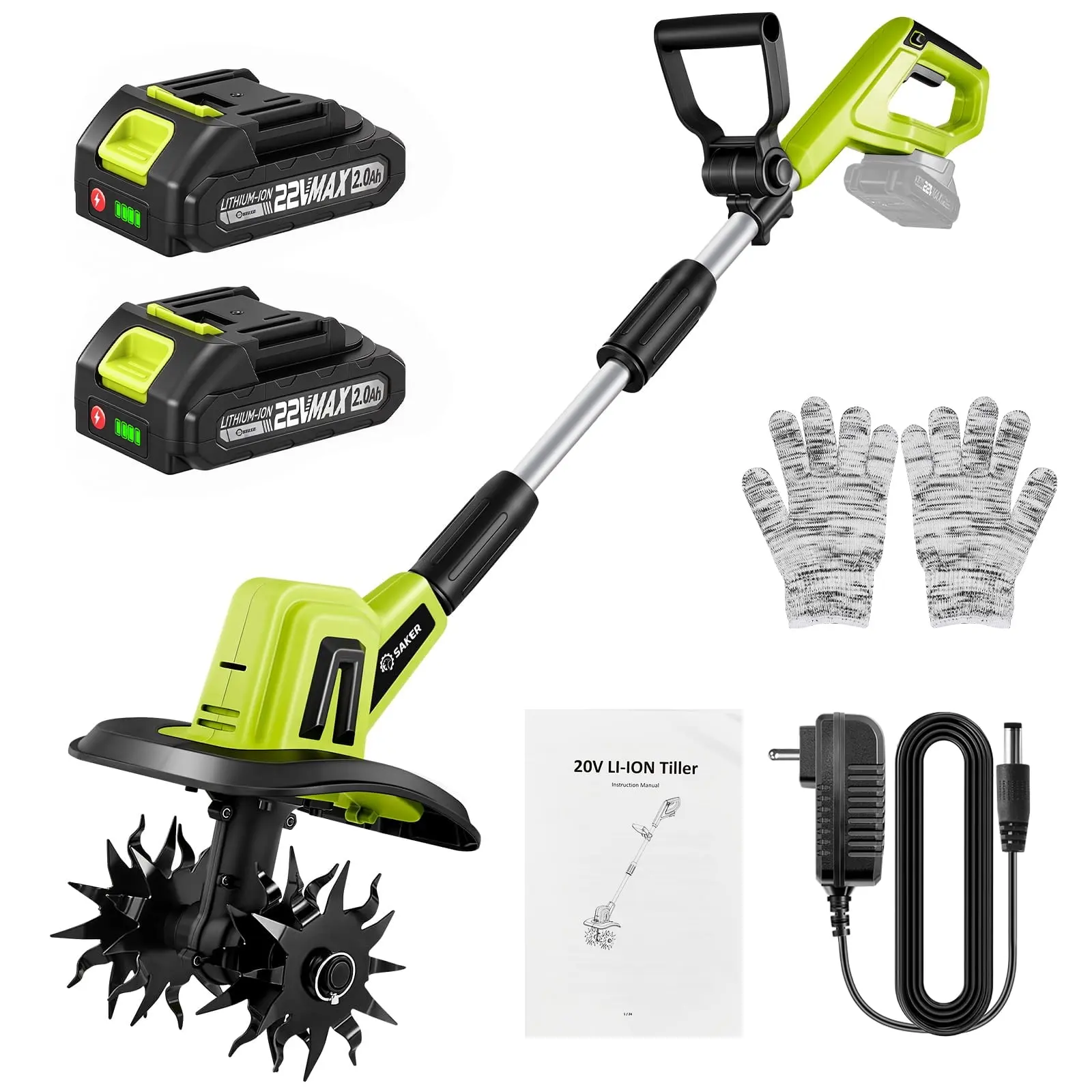 Saker 22V Cordless Garden Tiller Cultivator, 360RPM Electric Rototiller with 2×2000mAh Batteries, 9-in Tilling Width, Fixed Handle Soil Tool