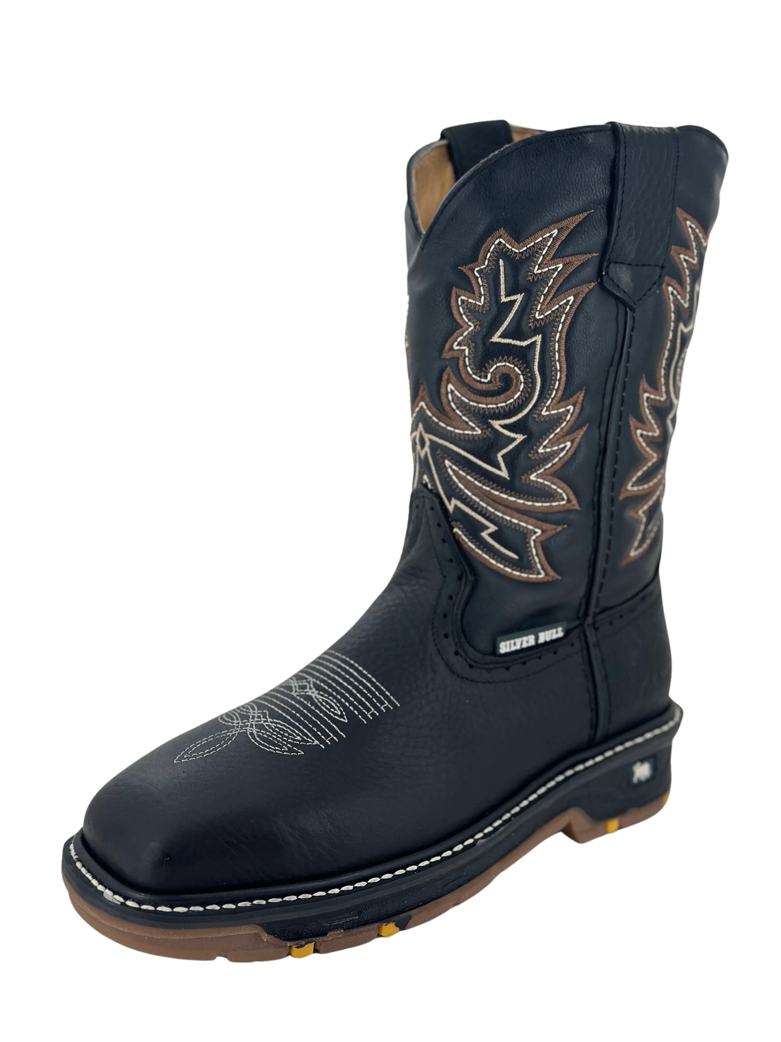 Heavy Duty Non-Slip Square Toe Double Density Rubber Sole Western Work Boot - Silver Bull