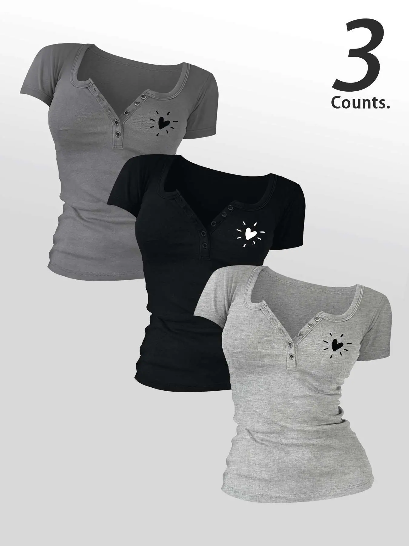 Hearts  Printed Women's  Buttons 3 Pieces  V Neck Tee, Button Decor Tee Casual Women's Short-Sleeve T-shirt For Summer, Ladies Basic Clothes for Daily Wear, TikTok Trending T-shirt Women, Button Front Tee