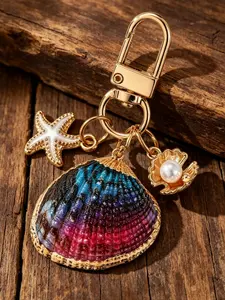 1pc Asymmetrical Shell, Starfish, And Conch Wallet Pendant Decorative Keychain, Nautical Keychain, Ocean Element Conch And Starfish Keyring, Bag Charm For Girls, Vacation Style Accent Piece, Versatile Commuter Decoration, Oceanic Elements, Nautical Theme