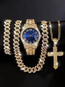 Men's Hip Hop Full Diamond Watch Necklace Set, Date Display, Cuban Chain Cross Pendant, Luxury Diamond Watch, Trendy Watch Set, Punk Style Men's Watch Accessories, Hip Hop Aesthetic, Hip Hop Jewelry