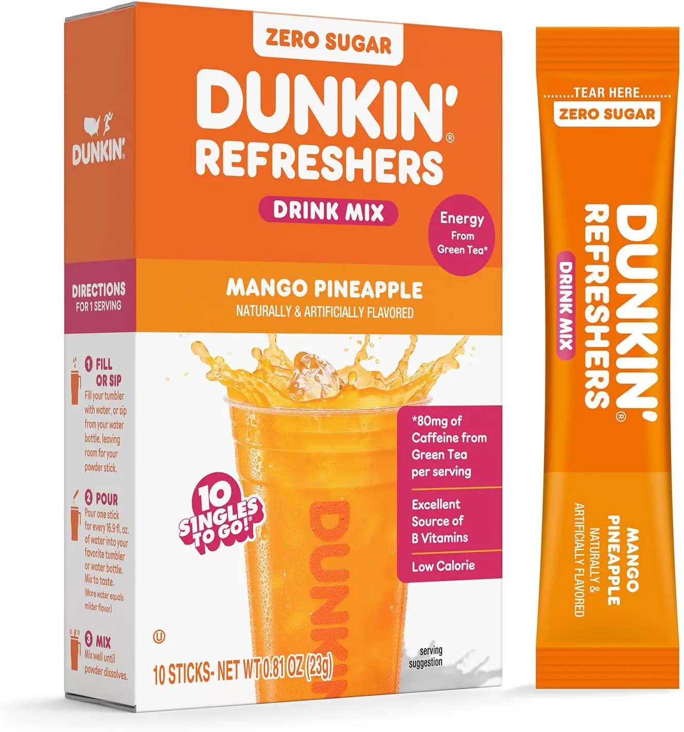Dunkin’ Zero Sugar Refreshers Singles To Go! Powdered drink mix packets, Mango Pineapple,10 packets per box Energy from Green Tea, aspartame-free, no synthetic colors, naturally and artificially flavored, just add water