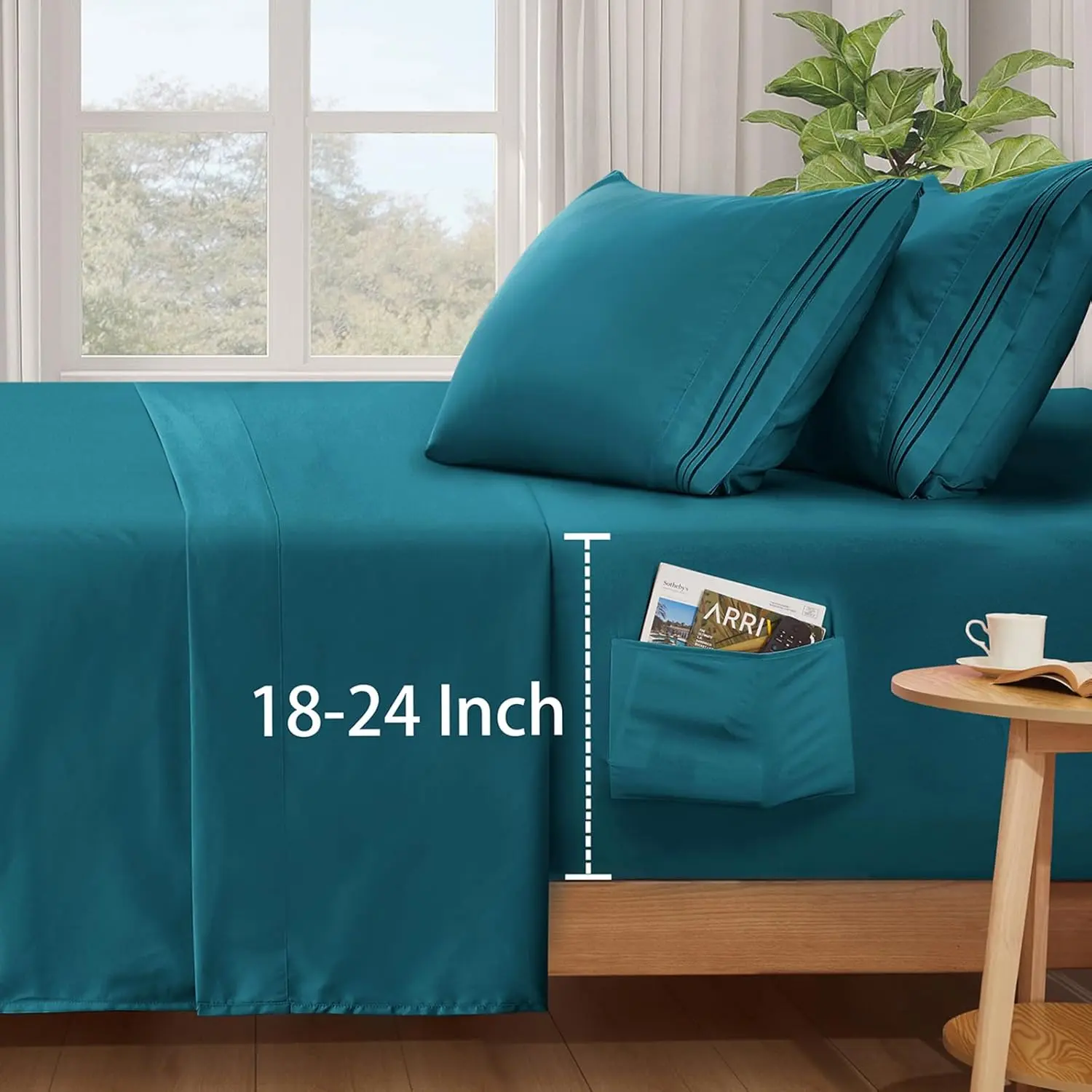 Extra Deep Pocket  Sheets Set - Fits Mattress Up to 24 Inches Thick - 4 count Teal Deep Pocket Sheets for Air Mattress - Soft 1800 Thread Count Fitted Sheet with Side Pocket