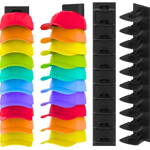 2-Pack Black Plastic Hat Rack Organiser - Wall Attachable Mount Holder Racks & Displays, Adjustable Adhesive Hooks, Door Hanging Option, Easy Removable Installation, Home Storage Decor, Valentine's Day Gift