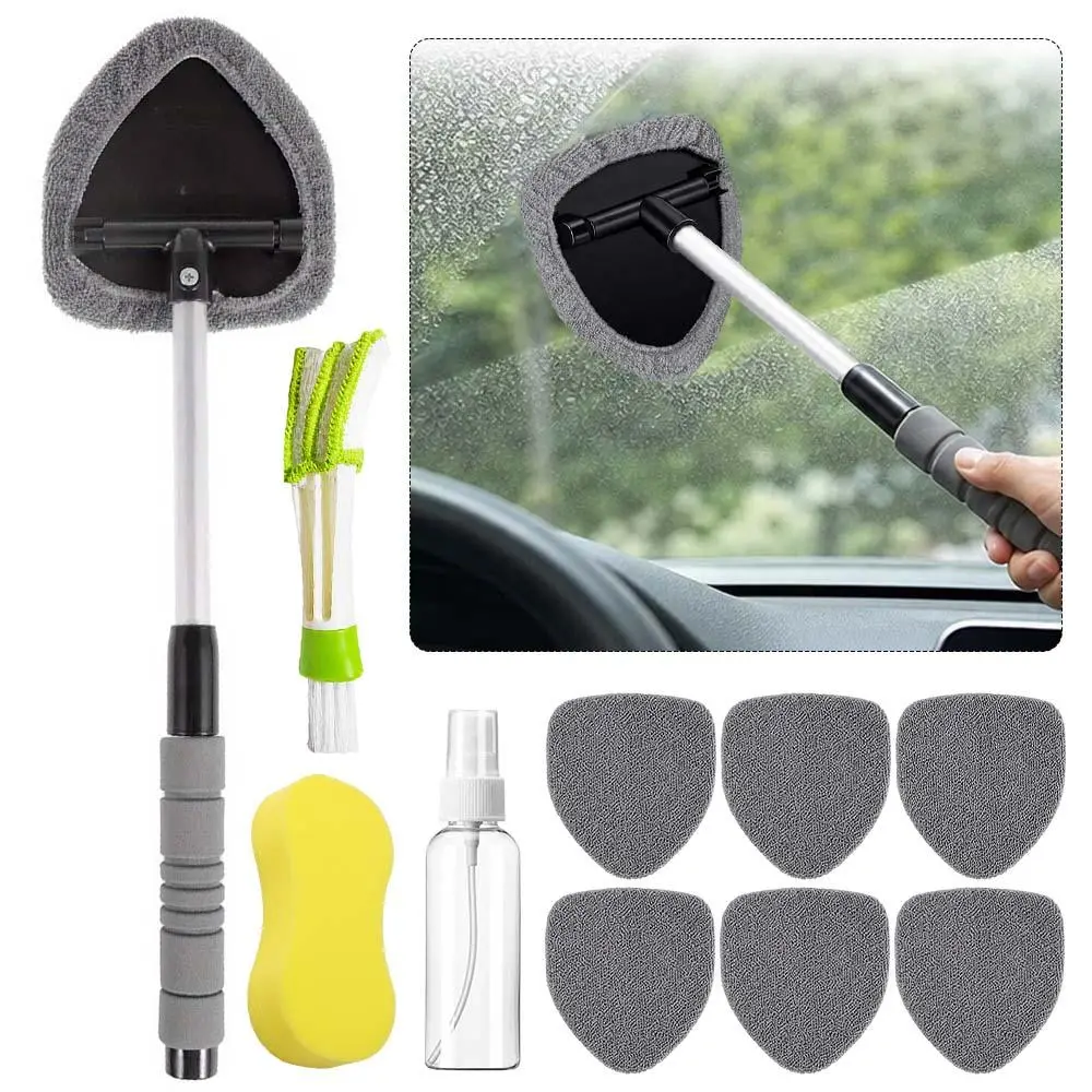 10Pcs Windshield Cleaner Tool Kit - Car Interior Window Cleaner with Extendable Handle, 5 Microfiber Pads, Auto Wiper Brush for Car, Home Glass, Bottle Cleaning Needs