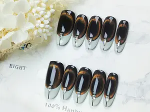 Black cat-eye French-style handmade press-on nails; light luxury rhinestone medium-narrow oval press-on nails; premium-feel handmade removable nail tips，press on  nail，False nailss，cat eye nails