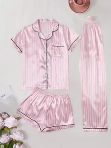 Women's Satin Summer Pajama Set, Striped Short Sleeves & Long Pants, Casual Fitted Sleepwear, Elastic Waist, All Seasons