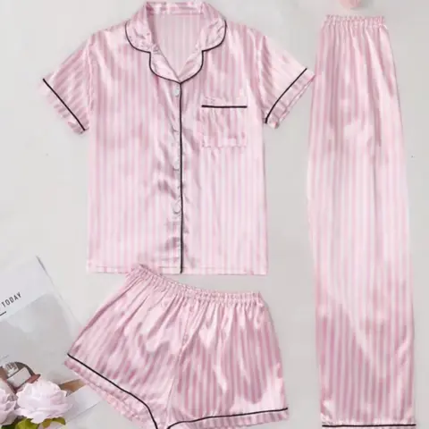 Women's Satin Summer Pajama Set, Striped Short Sleeves & Long Pants, Button, Pockets, Casual Fitted Sleepwear, Elastic Waist, All Seasons, Loungewear, Pyjamas, Pjs, Matching Pajamas Set