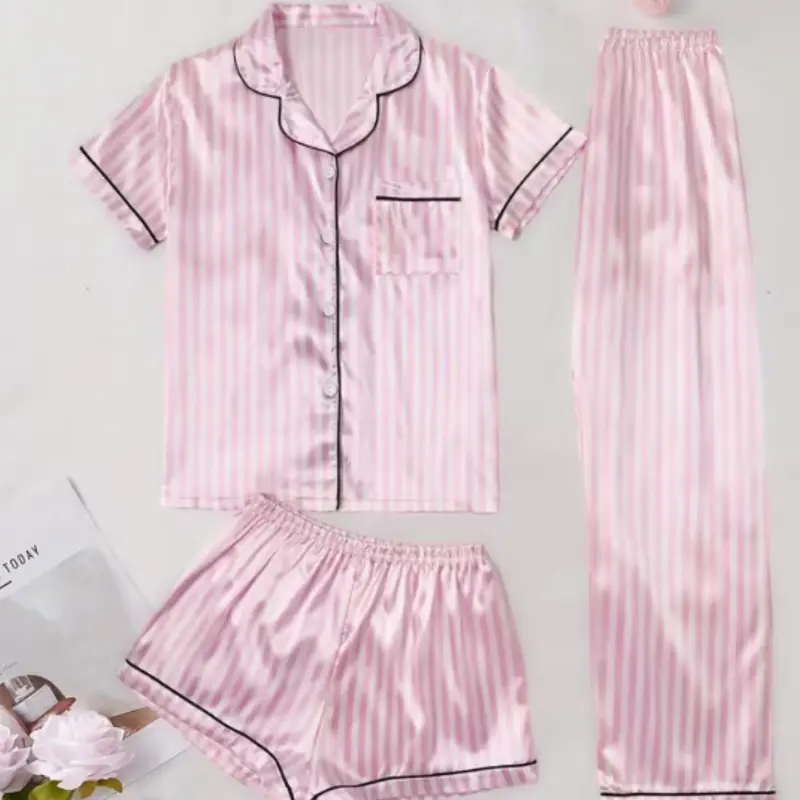 Women's Satin Summer Pajama Set, Striped Short Sleeves & Long Pants, Button, Pockets, Casual Fitted Sleepwear, Elastic Waist, All Seasons, Loungewear, Pyjamas, Pjs, Matching Pajamas Set