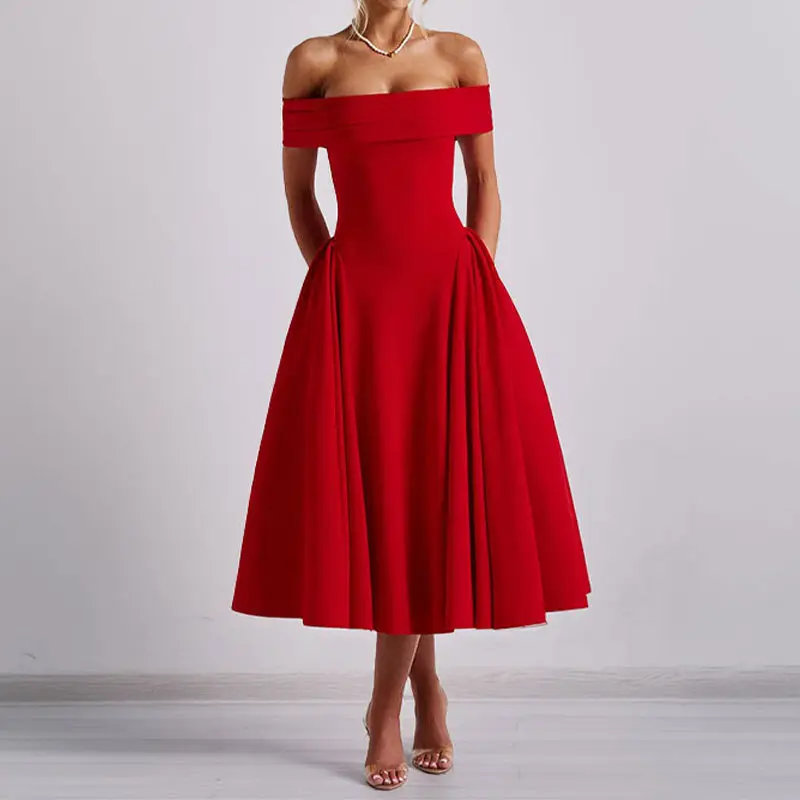 off the shoulder a line midi dress Short Off-Shoulder A-Line Satin Wedding Dress Midi Dresses HONGIVEY main image 1