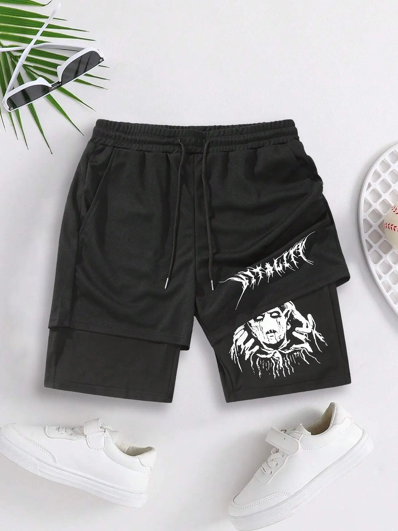 Men's Regular Fit Cartoon Graphic Print 2 in 1 Drawstring Waist Shorts, Casual Pocket Track Shorts for Summer, Fashion Men's Bottoms for Daily Wear