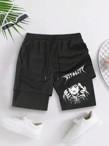 Men's Regular Fit Cartoon Graphic Print 2 in 1 Drawstring Waist Shorts, Casual Pocket Track Shorts for Summer, Fashion Men's Bottoms for Daily Wear