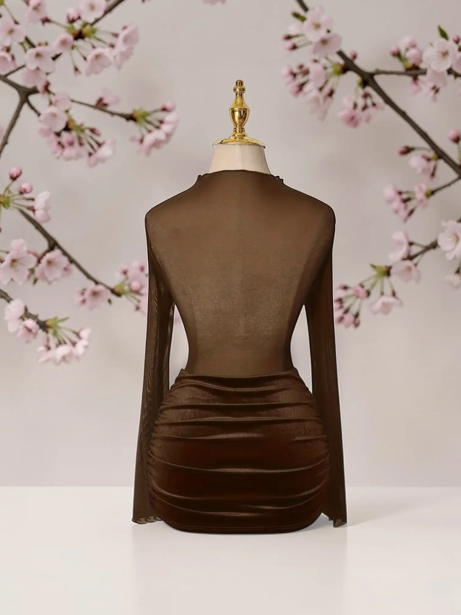 Mesh PatchWork Sheer Long Sleeve Mini Dress - Fitted Chocolate Brown Color  for Dinner Dates & Parties - Lightweight Comfortable Womenswear - Casual -  TikTok Shop