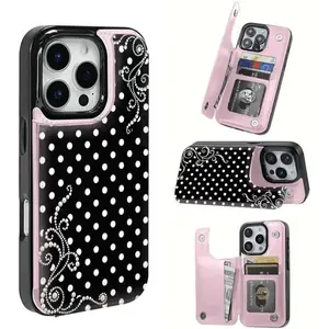 Bling Rhinestone Polka Dot PU Leather Wallet Flip Casing for iPhone 12-17 & Samsung Galaxy S22-25 Smartphone, Cellphone Devices Accessories with Card Holder, Shockproof Kickstand, Detachable Wallet design case cover cutest tpu cover protective