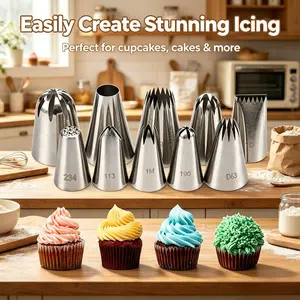 Cake Decorating Icing Piping Tip Set – 10 X-Large Stainless Steel Decorating Tips + 50 Disposable Pastry Bags, Non-Slip, Leak-Proof, Viral TikTok Baking Must-Have for Cookies, Cupcakes, Royal Icing, Satisfactory Kitchen Gift for Women