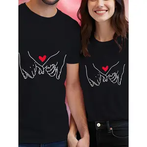 His & Hers Matching Couple's T-Shirts - Geometric Heart Hands Print Light Grey Stretchy Round Neck Short Sleeve Tees, Machine Washable All-Season Casual Comfort for Couples, Couple Outfits, Trendy Tshirt, Breathable Tee, Unisex Tshirt, Fashion Enthusiasts