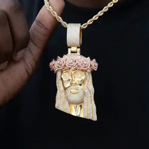 ICEOMG Iced Out Jesus Head Pendant Necklace for Men Women Hip Hop Diamond Shine Gold Silver Plated Religious Bling Jewelry Gift