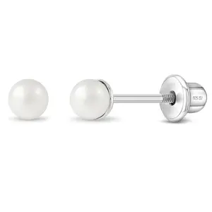 Classic Simulated Pearl White 3-5mm Kids Earrings Screw Back - Sterling Silver