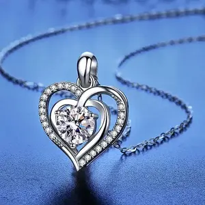 Ocean Heart Necklace–925 Sterling Silver Double Heart Pendant with 1ct Cubic Zirconia, Daily Wear, Minimalist Jewelry Ideal Gift for Her/Wife/Girlfriend (16-17")
