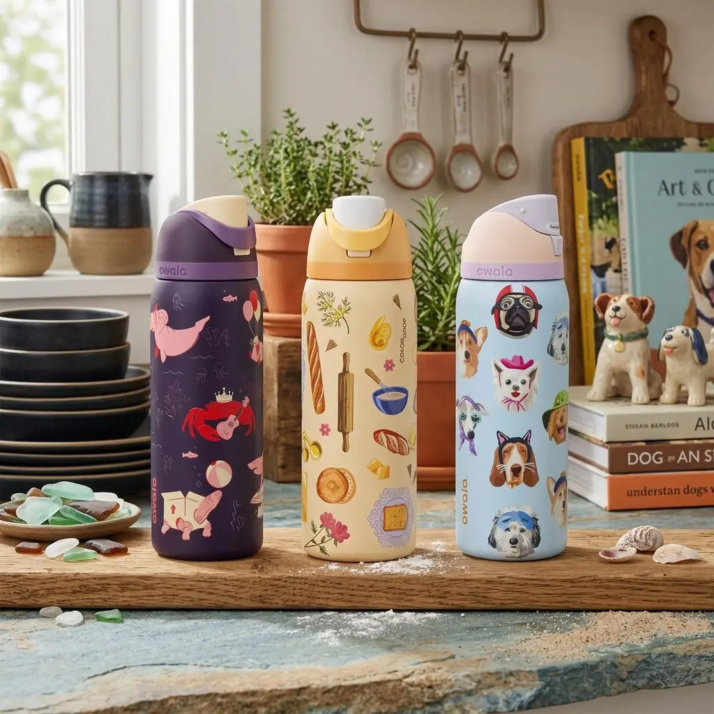 Owala FreeSip Insulated Stainless Steel Water Bottle with Straw, Design for Work, Commute & Gym, Leak Proof, BPA-Free, Brunch Bunch, Go Halvsies, Dog Collage