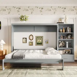 Queen Size Murphy Bed with Height Adjustable Storage Compartments and Shelf, Wall Bed Frame With 1 Drawer, Multifunctional Foldable Platform Bed for Bedroom,Guest Room, Gray(OLD SKU:N733S309223E)