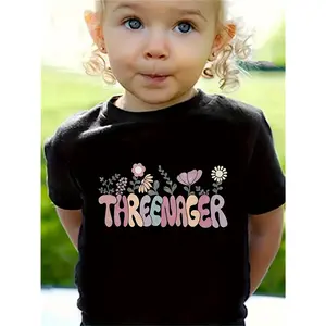 Usable wildflower print girl cotton T-shirt-suitable for third birthday gift soft cotton machine washable casual summer T-shirt floral pattern summer birthday gift children